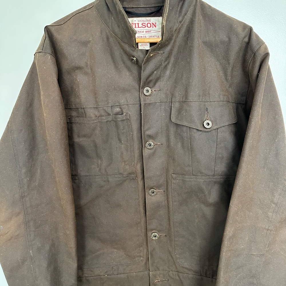 Filson Men's Waxed Tin Cloth Short Lined Cruiser Jacket, Brown